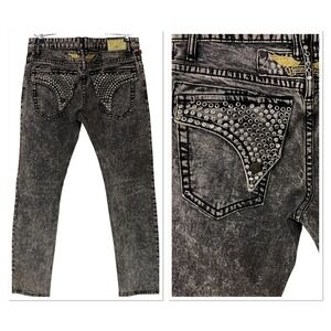 Robins Jean Mens Moter Grey Acid Wash Studded Flap Pocket Jeans Y2K Biker 34